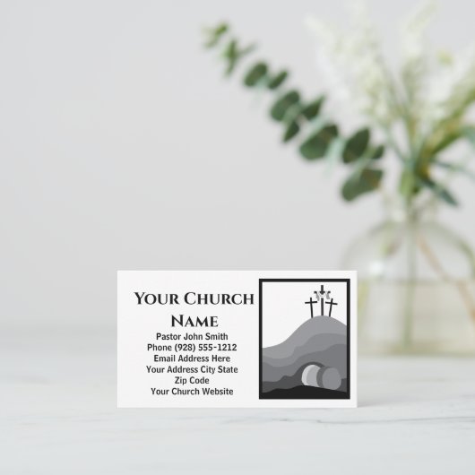 Carte De Visite Trois Croix Tombe vide Noir Blanc Pasteur de l'égl (Debout devant)