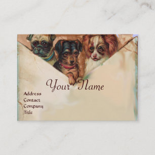 Carte De Visite TROIS DOGGIES AVEC ROSES, Parchemin, Monogramme