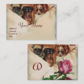 Carte De Visite TROIS DOGGIES AVEC ROSES, Parchemin, Monogramme (Devant / Derrière)