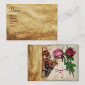 Carte De Visite TROIS DOGGIES AVEC ROSES, Parchemin, Monogramme (Devant / Derrière)