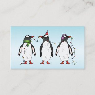 Carte De Visite Trois manchots de Noël festifs sur fond bleu clair