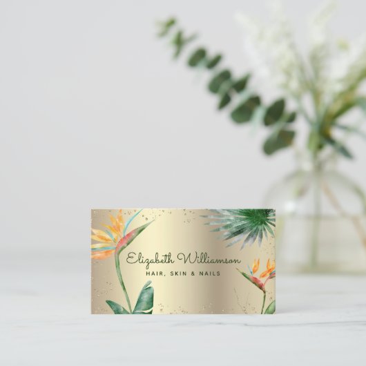 Carte De Visite Tropical Floral Script Gold Foil Coiffure Beauté S (Debout devant)