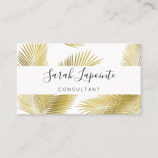 Carte De Visite Tropical Gold & White Palm Feuille Design élégant (Devant)