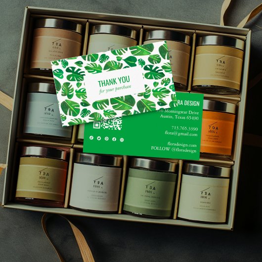 Carte De Visite Tropical Monstera Leaf QR Code Icônes sociales Mer