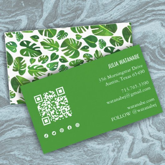 Carte De Visite Tropical Monstera Leaf QR Code Social Media Chic