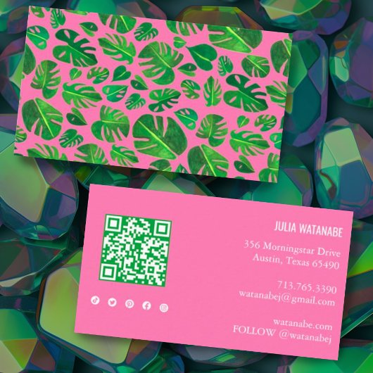 Carte De Visite Tropical Monstera Leaf QR Code Social Media Rose