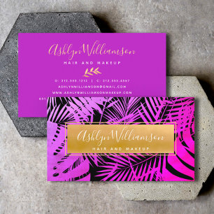 Carte De Visite Tropical palm chic or rose violet sombre script