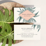 Carte De Visite Tropical Palm Frond<br><div class="desc">Un design tropical unique présente votre nom et titre ou nom d'entreprise affichés sur un élément géométrique de pêche estivale,  superposé sur des feuilles de fronde de palmier tropicale vert jasper. Ajoutez vos coordonnées complètes à l'envers,  ornées d'une plus petite façade de palmier.</div>