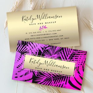Carte De Visite Tropical palm violet rose sombre or chic script