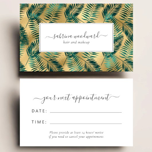 Carte De Visite Tropical Teal Gold Foliage Pattern Appointment