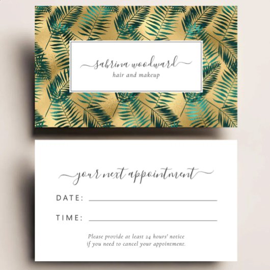 Carte De Visite Tropical Teal Gold Foliage Pattern Appointment