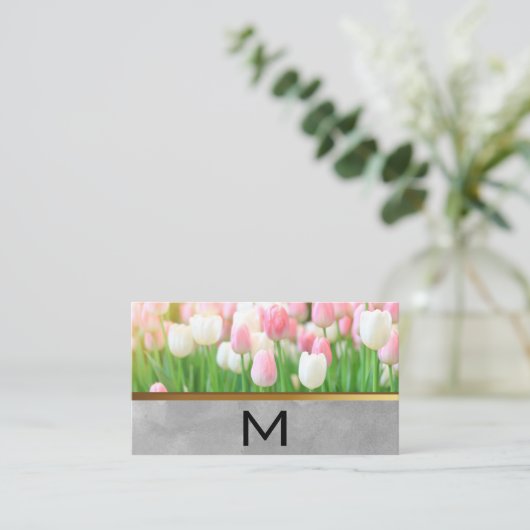 Carte De Visite Tulipe blanche rose | Monogramme (Debout devant)