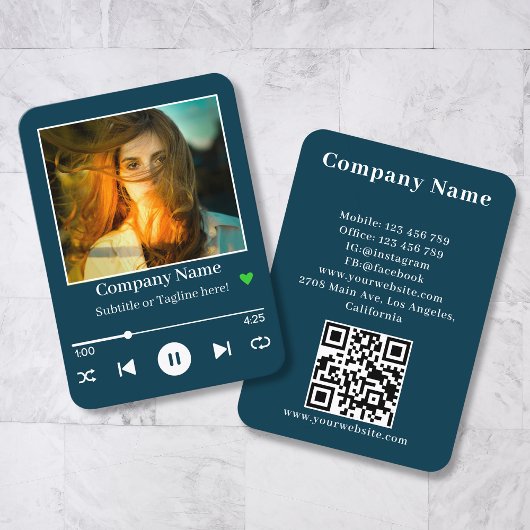 Carte De Visite Turqouise moderne QR Code Music Player Chanson Pho