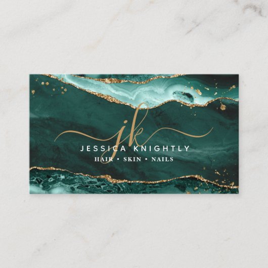 Carte De Visite Turquoise Agate Géode Monogramme Gold Script (Devant)