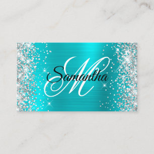 Carte De Visite Turquoise Bleu Pailleté Argenté Monogramme Fantais
