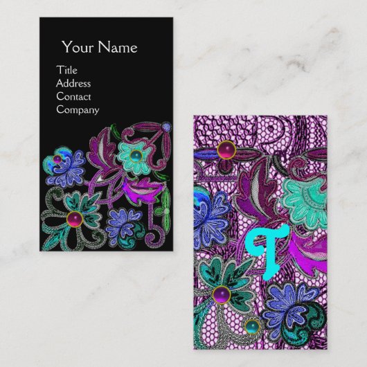 Carte De Visite TURQUOISE BLEU PURPLE LACE FLEURS GEMSTONES Noir (Devant / Derrière)