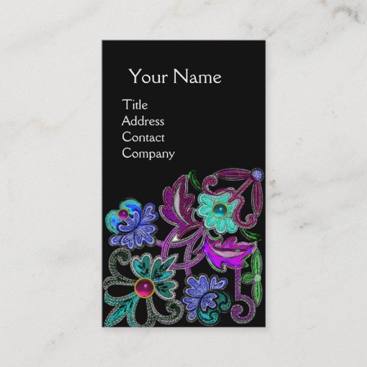Carte De Visite TURQUOISE BLEU PURPLE LACE FLEURS GEMSTONES Noir (Devant)
