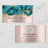 Carte De Visite Turquoise Blue Flowers Rose Gold Logo Planificateu (Devant / Derrière)