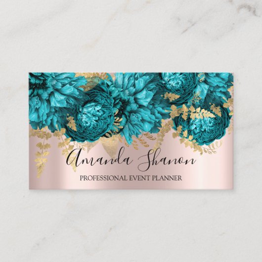 Carte De Visite Turquoise Blue Flowers Rose Gold Logo Planificateu (Devant)