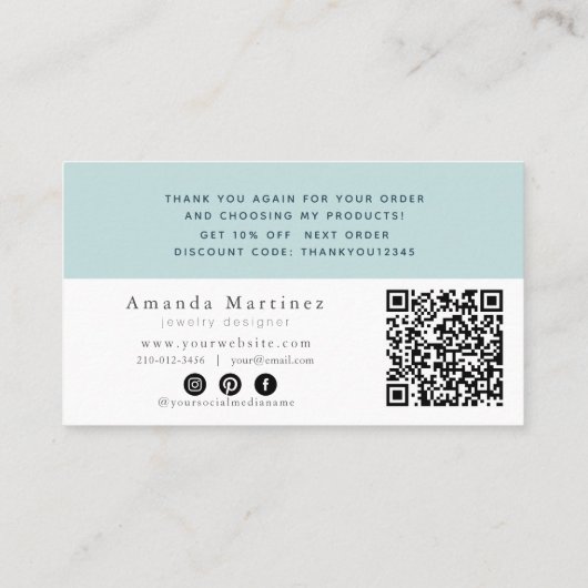 Carte De Visite Turquoise Blue Ocean Sandy Beach Thank You QR (Dos)