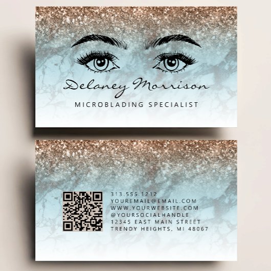 Carte De Visite Turquoise Bronze Marble Eyes QR Code Microblading