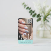 Carte De Visite Turquoise chic QR code ongles photo  (Debout devant)