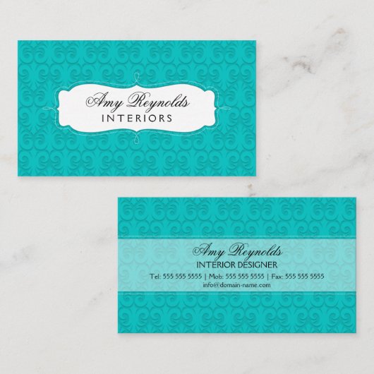 Carte De Visite Turquoise Damassé Élégant (Devant / Derrière)