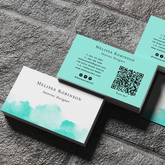 Carte De Visite Turquoise et Blanc Code QR Abstrait Chic Aquarelle