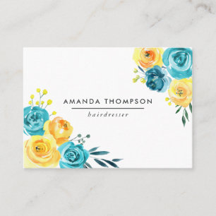 Carte De Visite Turquoise et floral aquarelle jaune