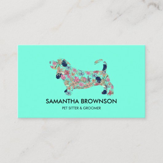 Carte De Visite Turquoise Floral Dachshund Chien assis (Devant)