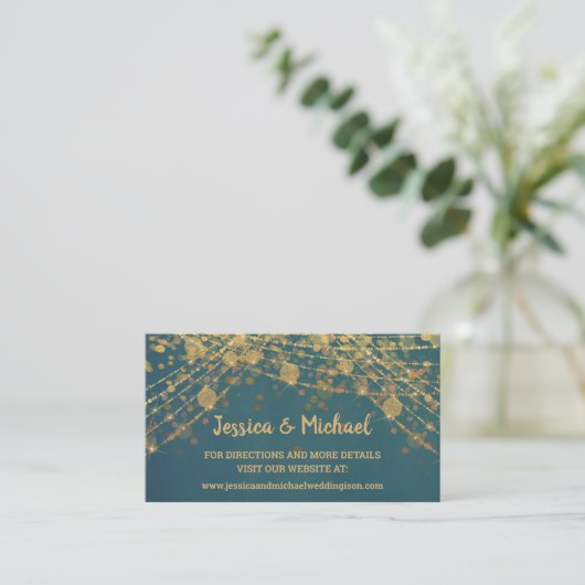 Carte De Visite Turquoise Gold String Lights Bokeh Mariage site We (Debout devant)