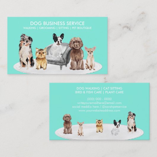 Carte De Visite Turquoise Green Dog Behaviorist Hotel Boarding Tax (Devant / Derrière)