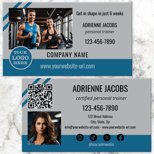 Carte De Visite Turquoise Grey Personal Fitness Trainer Photo