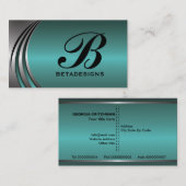 Carte De Visite Turquoise gris argent métallique, monogramme accro (Devant / Derrière)