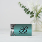 Carte De Visite Turquoise gris argent métallique, monogramme accro (Debout devant)