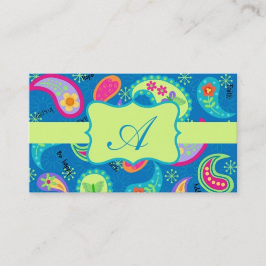 Carte De Visite Turquoise Lime Green Moderne Paisley Monogramme (Devant)