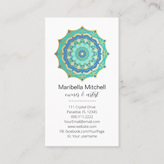 Carte De Visite Turquoise Mandala Energy Healer Yoga Reiki Spa (Dos)