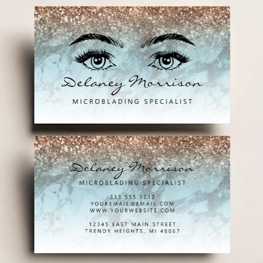 Carte De Visite Turquoise Marble Bronze Glitter Eyes Microblading