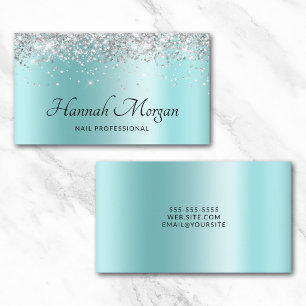Carte De Visite Turquoise Pâle Élégant Ombré Paillettes Argentées