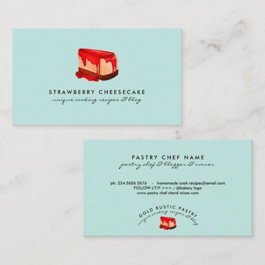 Carte De Visite Turquoise Pastel Cheesecake Pâtisserie aux fraises (Devant / Derrière)