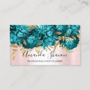 Carte De Visite Turquoise rose Fleurs Rose Gold Logo Planificateur