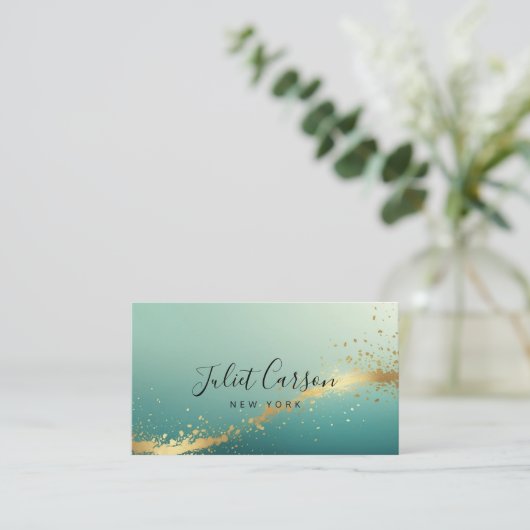 Carte De Visite Turquoise Teal Gold Script (Debout devant)