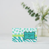 Carte De Visite Turquoise, Turquoise & Lime Zebra & Cheetah Skin p (Debout devant)