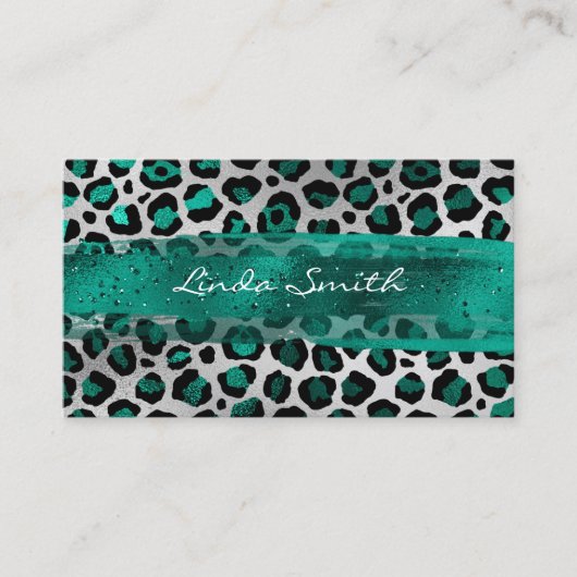 Carte De Visite Turquoise vert et argenté Leopard Brush Stroke (Devant)