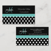 Carte De Visite Turquoise vert Monogramme noir blanc Polka point (Devant / Derrière)