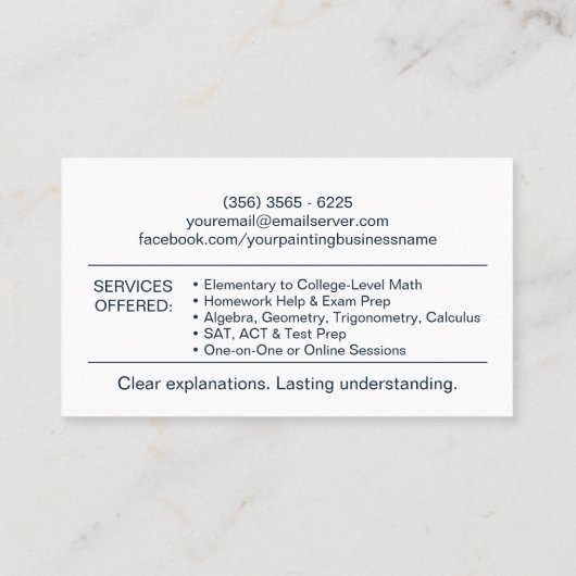 Carte De Visite Tuteur privé en mathématiques - Enseignant en math (Dos)