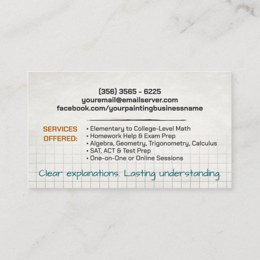 Carte De Visite Tuteur privé en mathématiques - Enseignant en math (Dos)