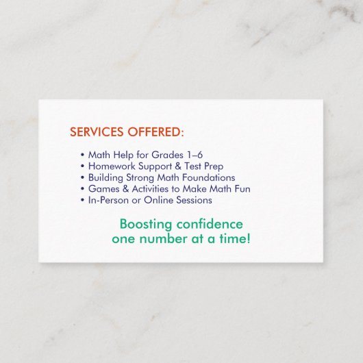 Carte De Visite Tuteur privé en mathématiques - Premières notes, é (Dos)