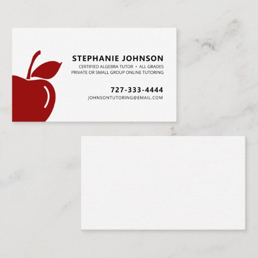 Carte De Visite Tutor Enseignant Ruby Red Apple Logo Black Text (Devant / Derrière)