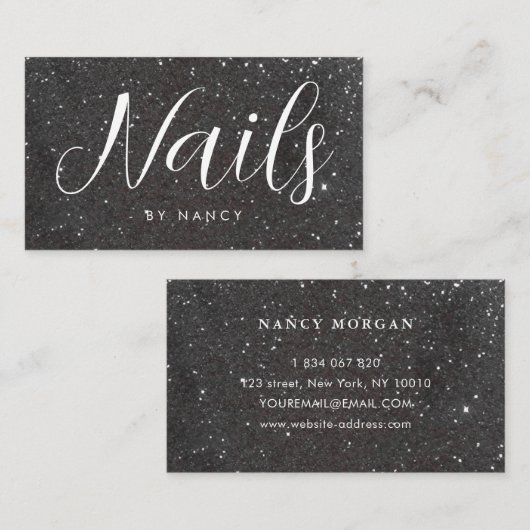 Carte De Visite Typographie de clous chic Parties scintillant noir (Devant / Derrière)